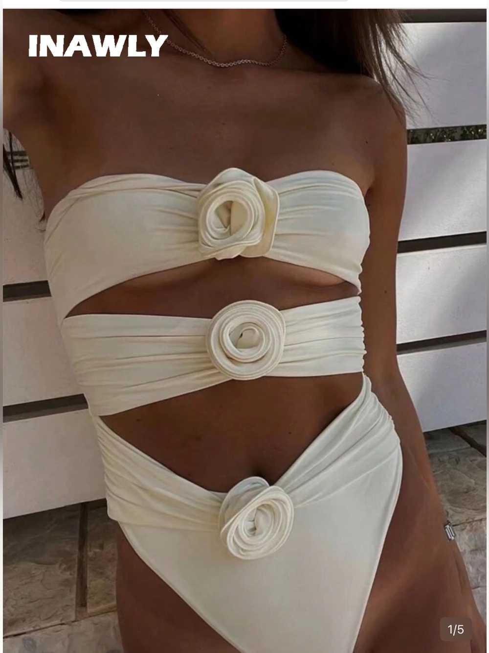 INAWLY Cream Floral Cutout One-Piece Swimsuit